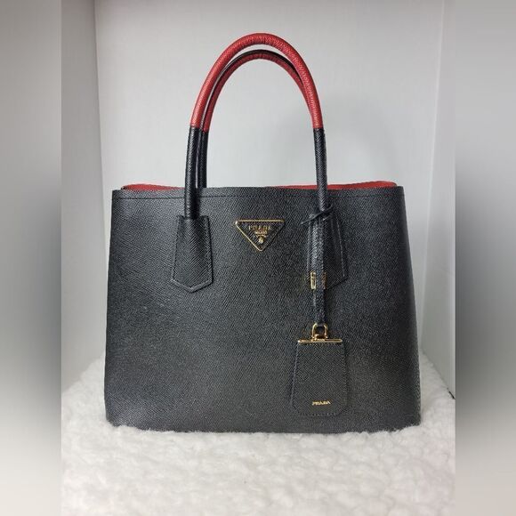 Prada Saffiano Women's 2 Tone Red And Black Large Double Tote Bag - Picture 1 of 15